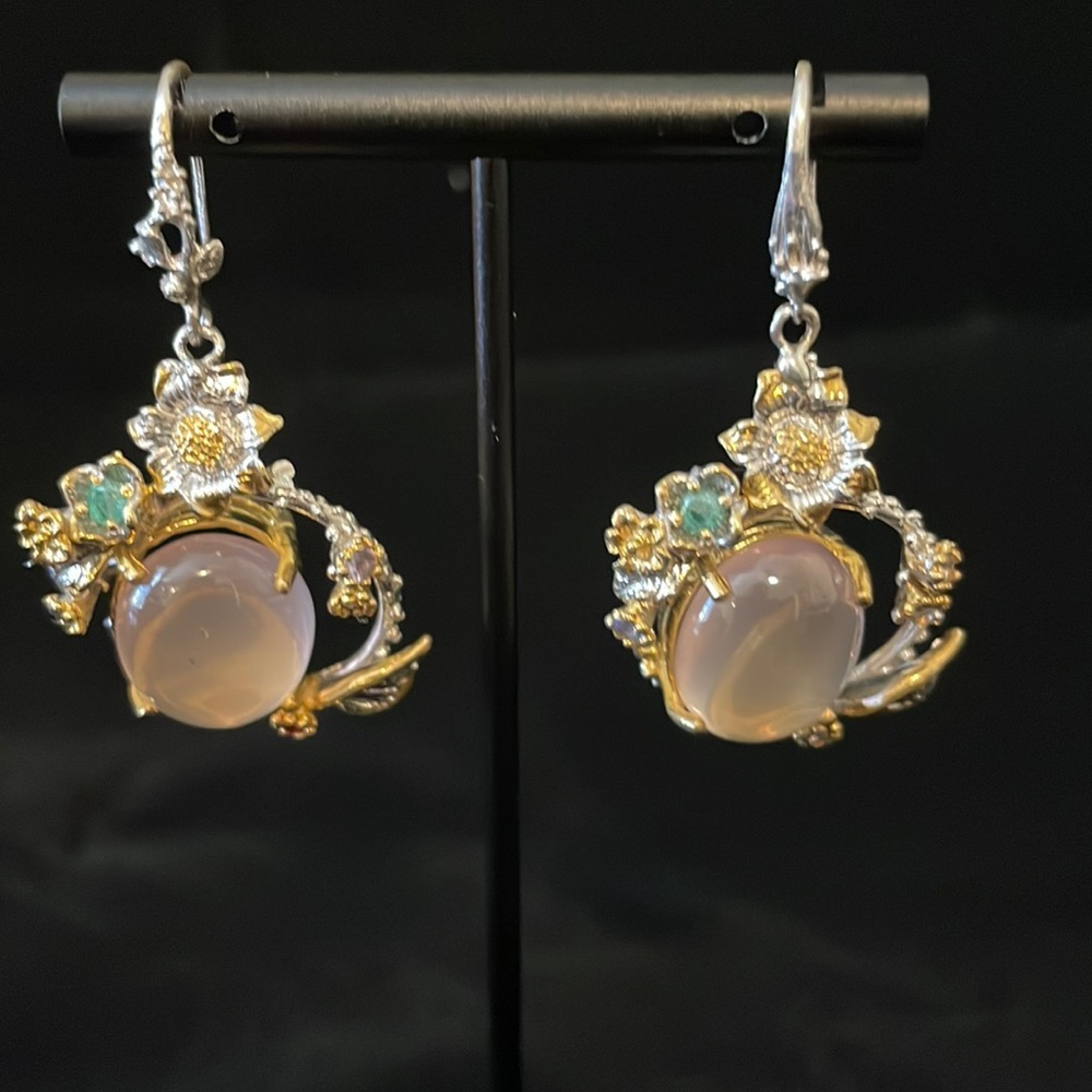 Silver and rose quarts earrings, emerald and gold accents large dangle